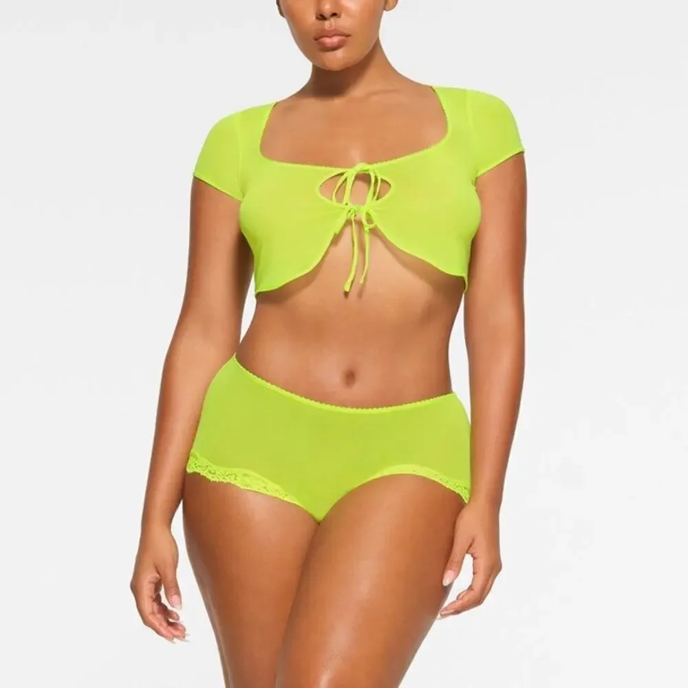 SKIMS Summer Mesh Cropped Top Tie Front Swim Cover Up in Highlighter 4X NEW